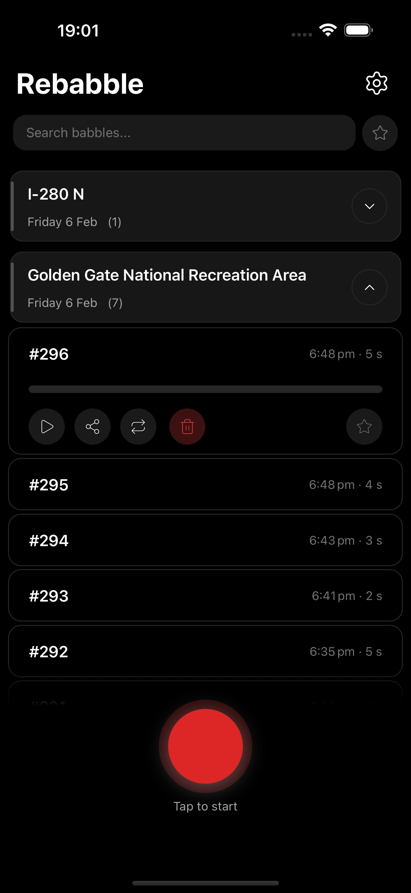 Rebabble app showing captured baby babbles and bird songs organized by location