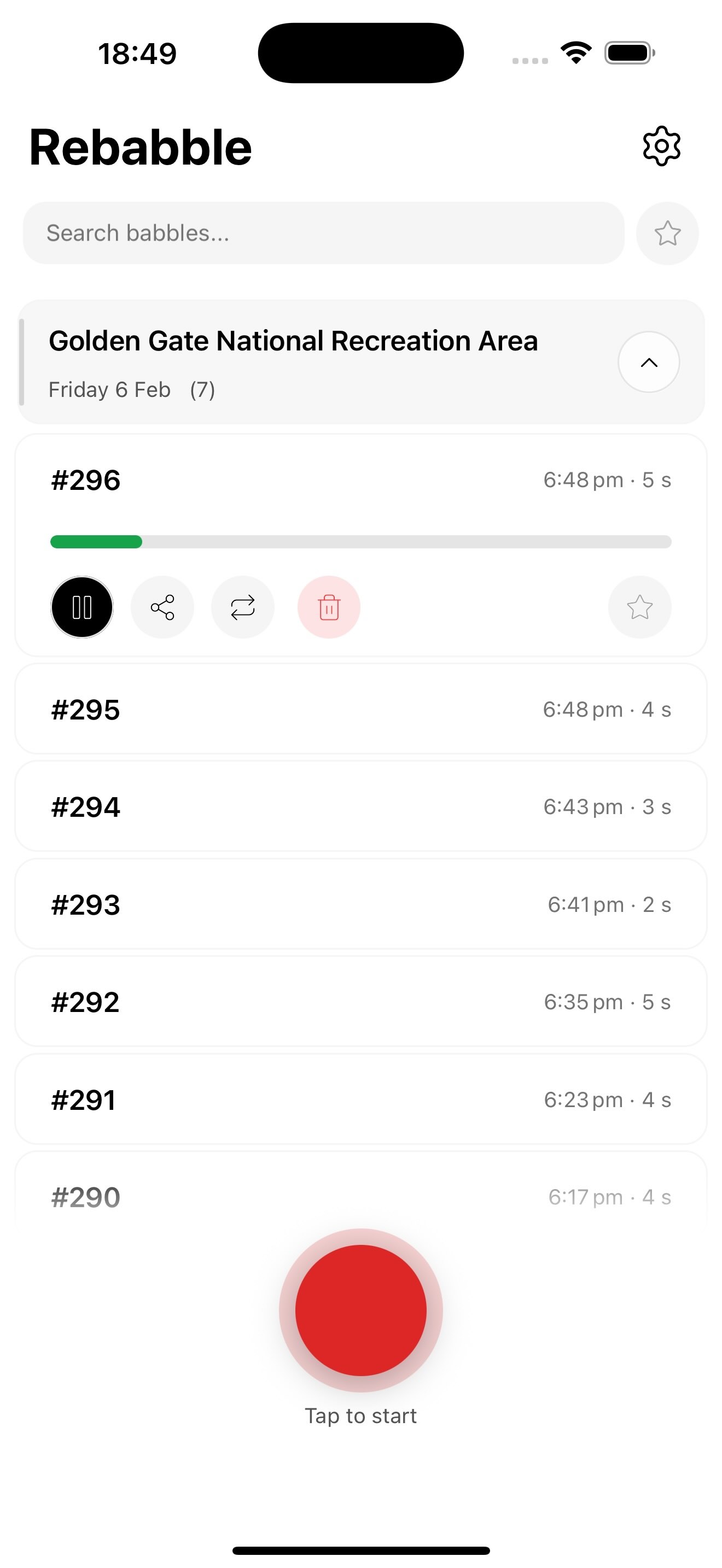 Rebabble app in light mode showing recordings organized by location and time