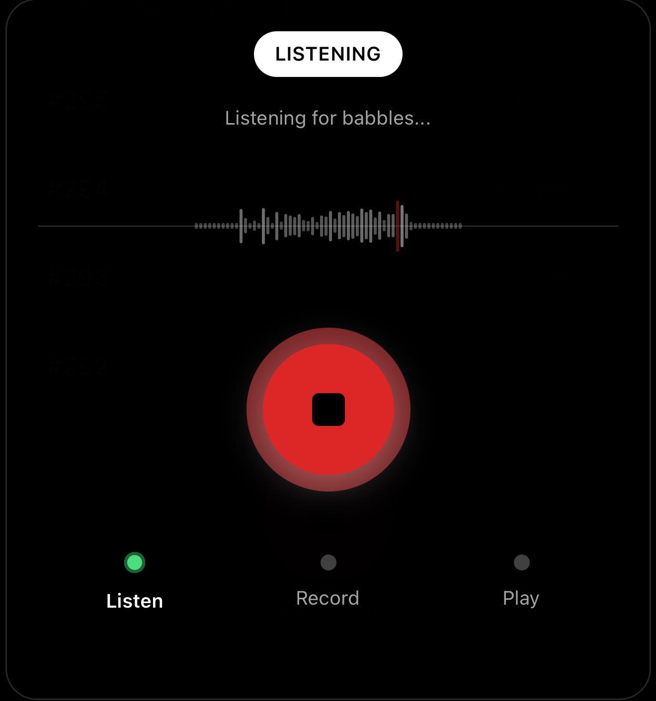 Rebabble listening mode detecting baby babbles and bird sounds